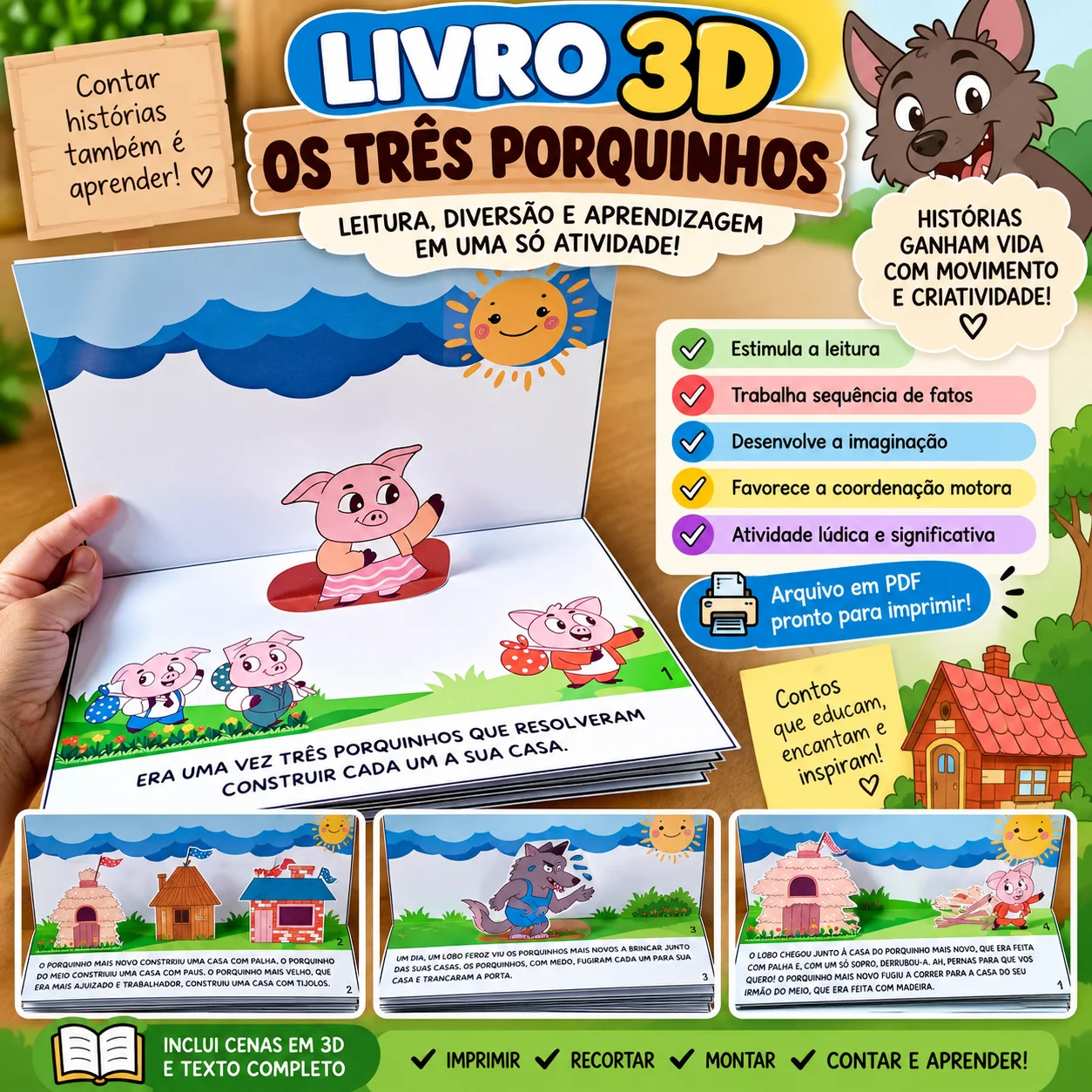 🐷📖 LIVRO 3D – OS TRÊS PORQUINHOS - ALFABETIZAÇÃO LUDICA — capa do material