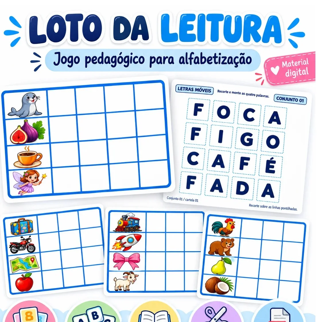 Loto da Leitura para Imprimir – Formando Palavras — Alfabetização para 1º ano: O material contém 12 cartelas coloridas, 48…