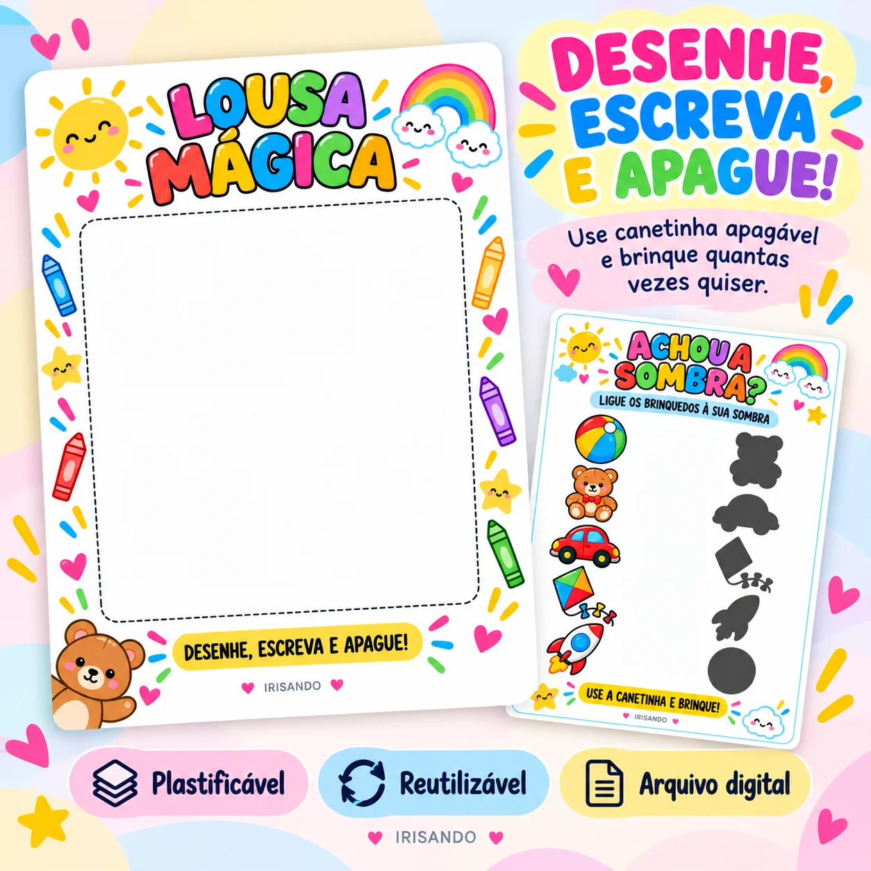 Lousa mágica – desenhe, apague e brinque! — amostra 3: Lousa mágica reutilizável com jogo das sombras no verso