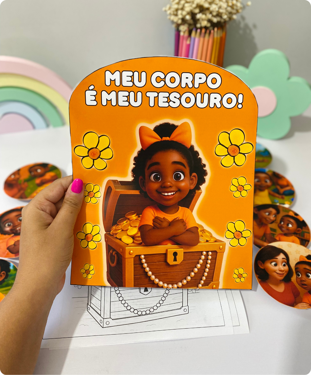 Luva de histórias de Maio Laranja para imprimir — amostra 3: O que o material apresenta