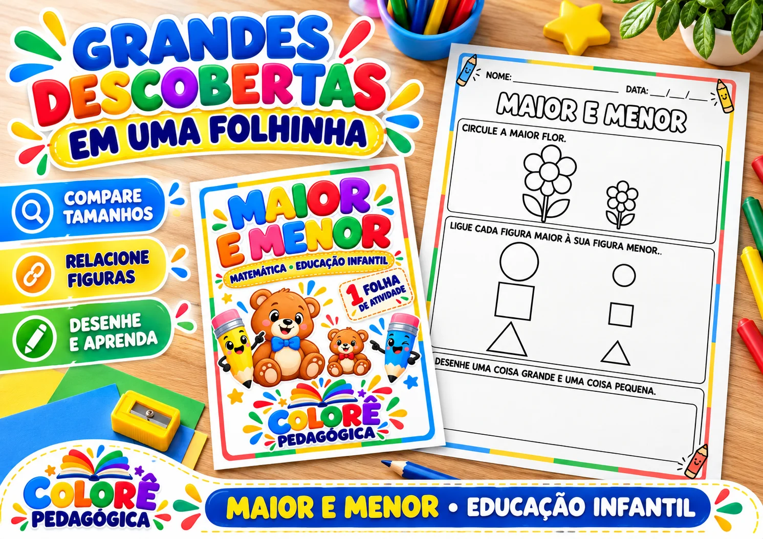 Maior e Menor — Atividade de Matemática para Educação Infantil | — amostra 1: O PDF contém 3 páginas A4: capa, uma folha de…