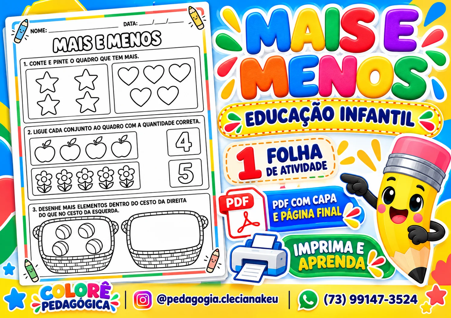 Mais e Menos — Atividade de Matemática para Educação Infantil | PDF A4 — amostra 1: O PDF contém 3 páginas A4: capa, uma…