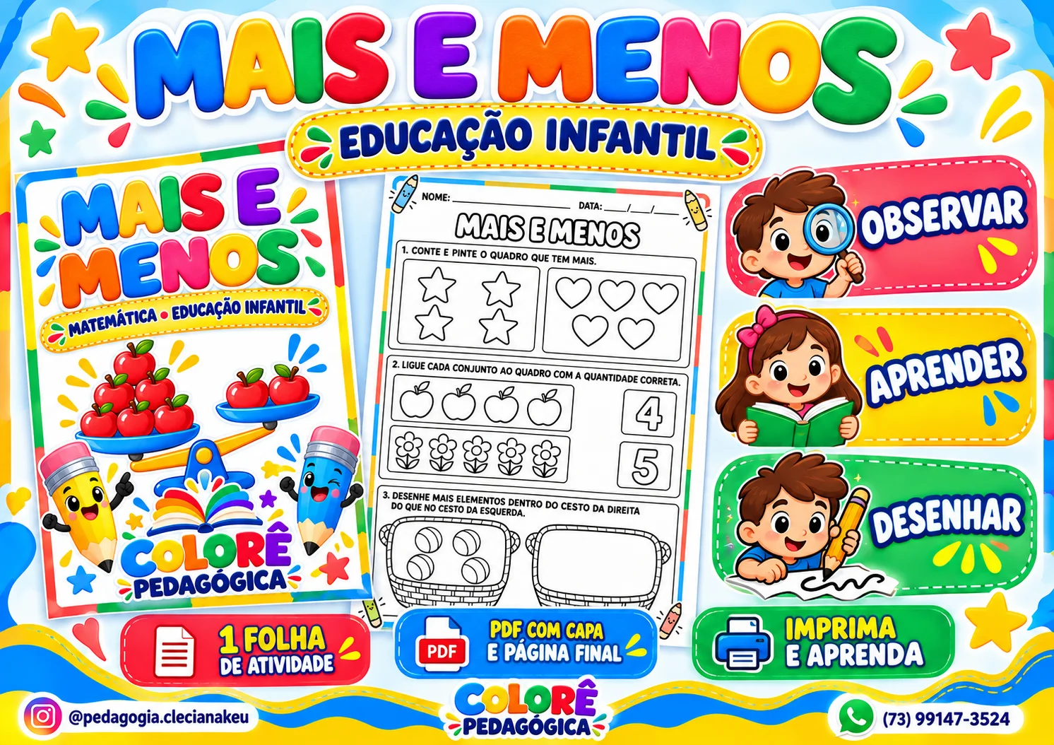 Mais e Menos — Atividade de Matemática para Educação Infantil | PDF A4 — amostra 2: Uma atividade para comparar grupos e…