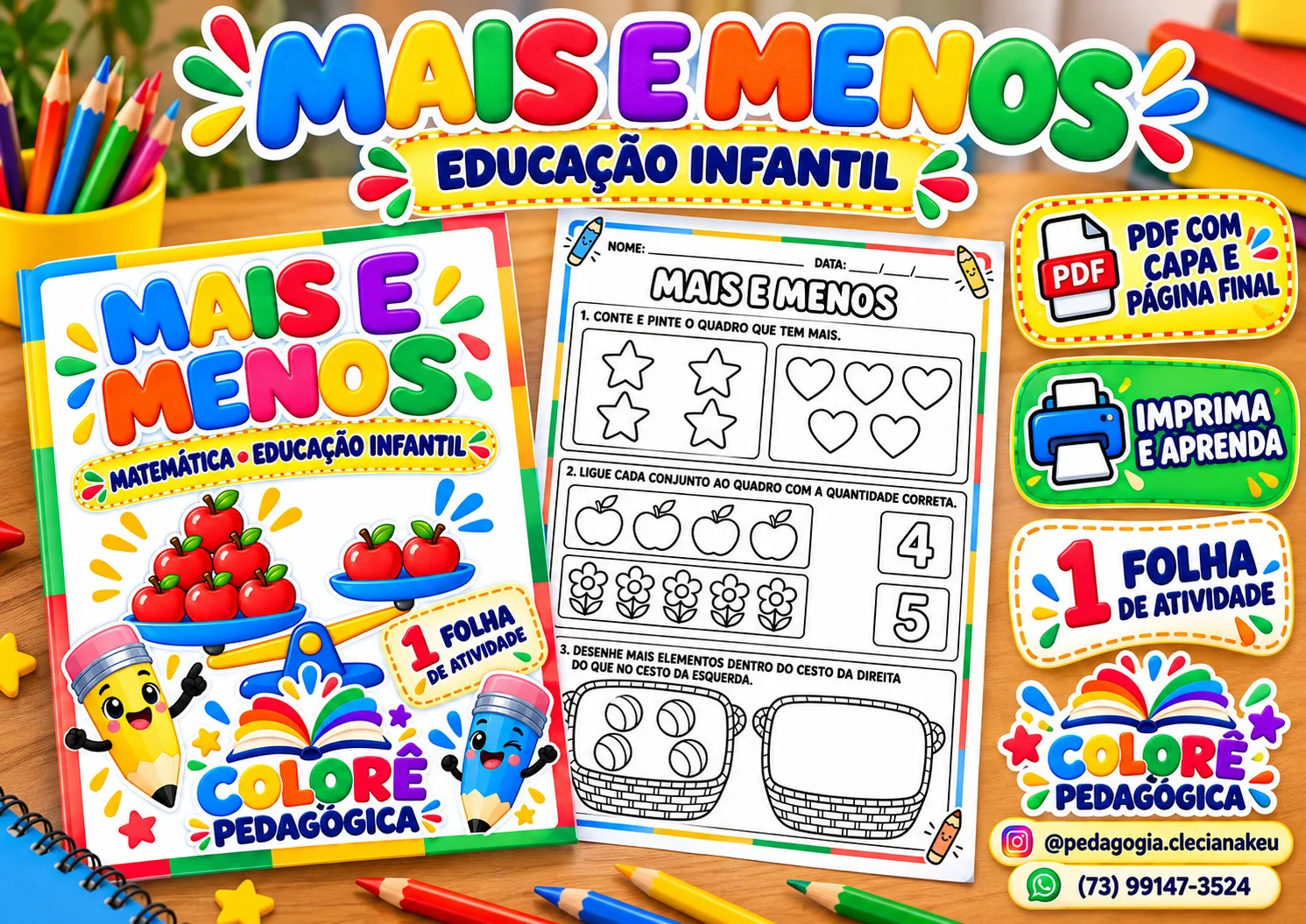 Mais e Menos — Atividade de Matemática para Educação Infantil | PDF A4 — amostra 3: Uma atividade para comparar grupos e…