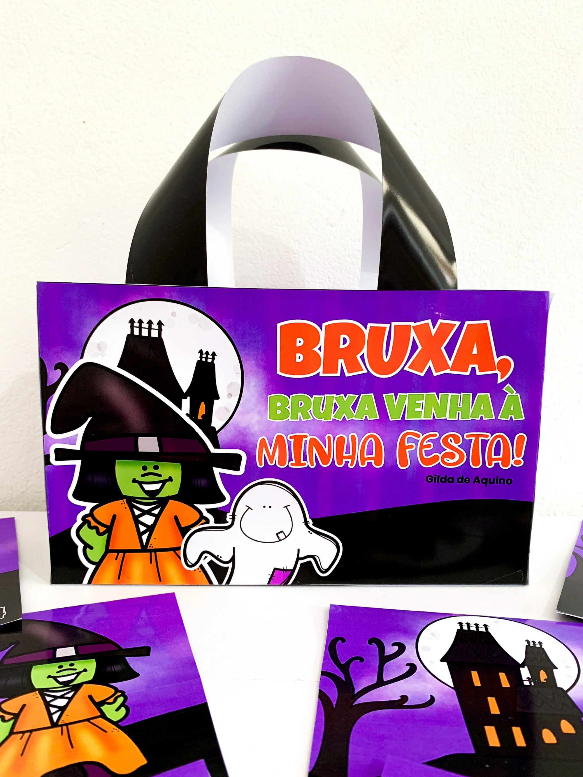 Maleta Bruxa, Bruxa Venha à Minha Festa – História Infantil — amostra 2: Maleta temática de Halloween com 16 fichas…