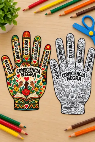 Mãozinhas da Consciência Negra para Imprimir — amostra 4: Moldes de mãozinhas coloridas e para colorir em três tamanhos,…