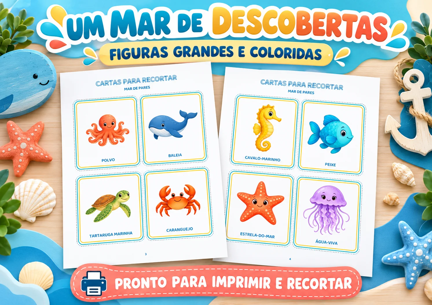 Mar de Pares: Jogo da Memória para Educação Infantil — amostra 2: Jogo da memória em PDF com 16 cartas coloridas e 8 pares…