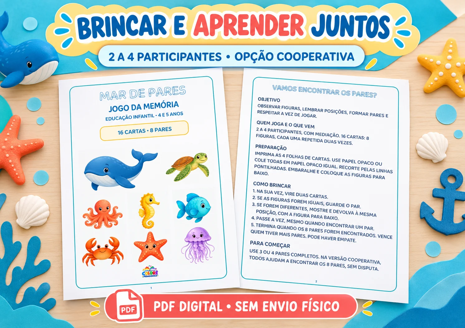 Mar de Pares: Jogo da Memória para Educação Infantil — amostra 3: Jogo da memória em PDF com 16 cartas coloridas e 8 pares…