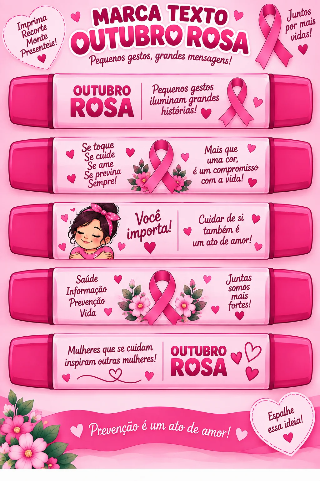 Marca textos Outubro Rosa em Pdf Educação Infantil Fundamental — amostra 5: 💗 Marca-Texto Outubro Rosa – Pequenos Gestos,…