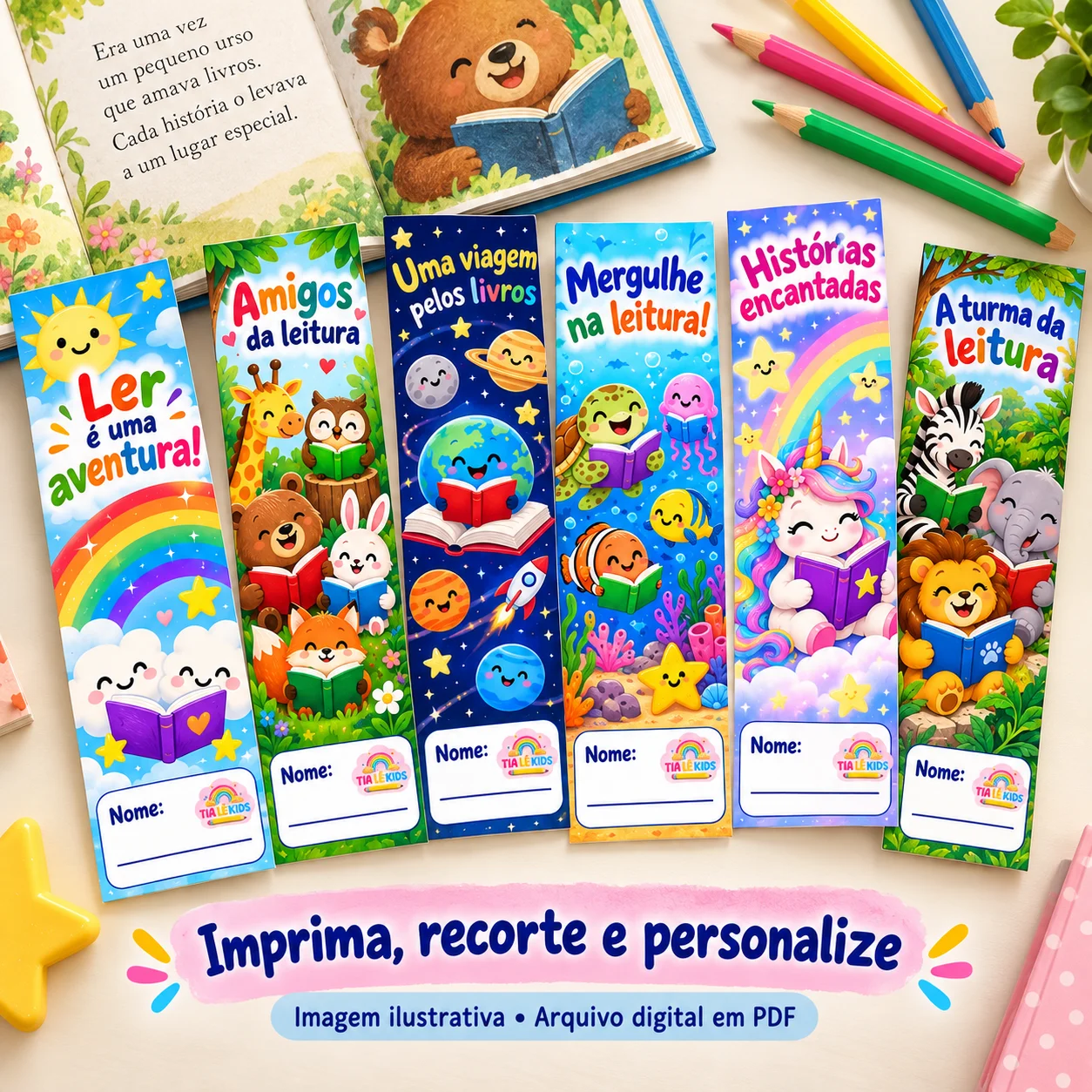 Marcadores de Leitura para Imprimir - 18 Modelos Coloridos — amostra 3: 18 marcadores alegres com espaço para o nome do aluno