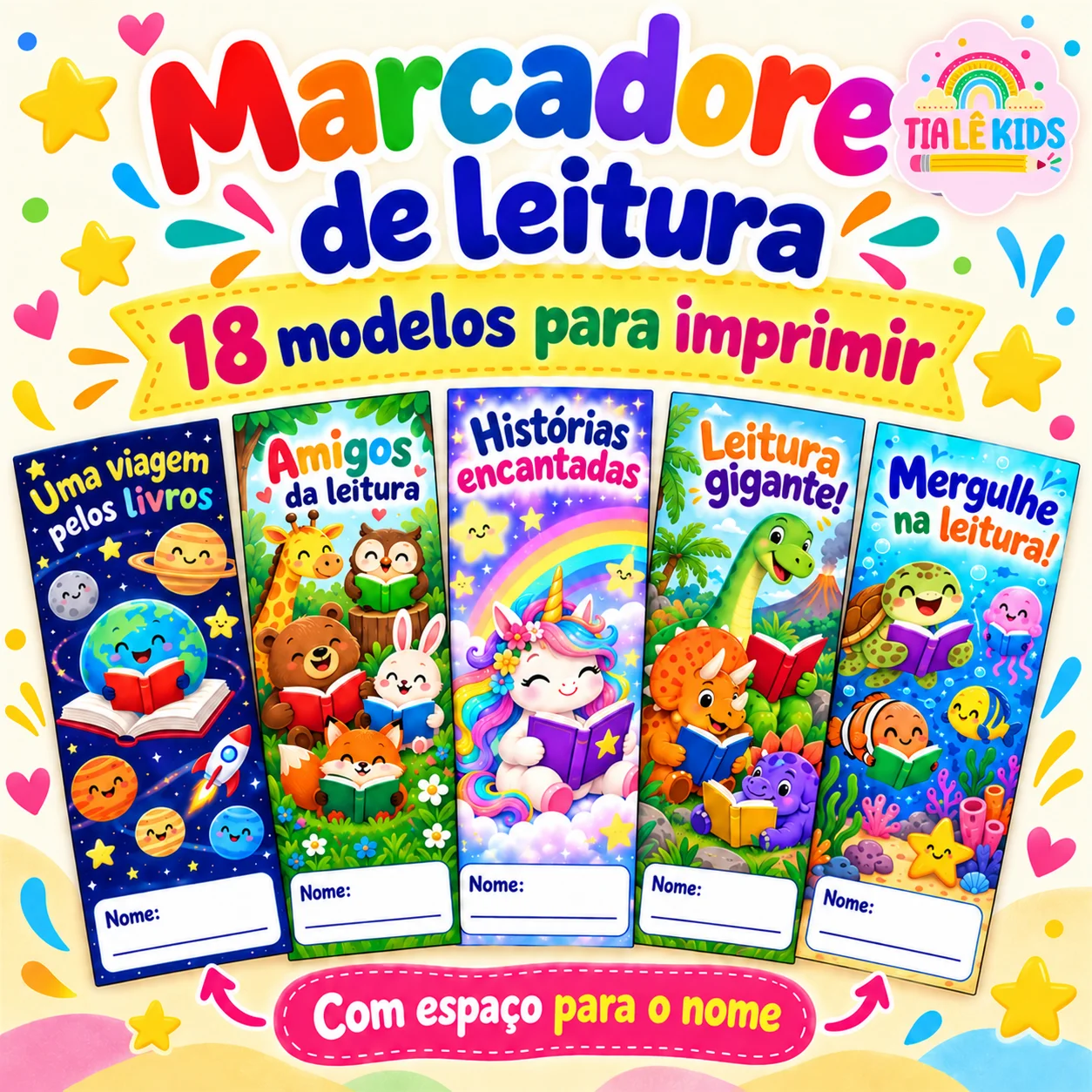 Marcadores de Leitura para Imprimir - 18 Modelos Coloridos — amostra 4: 18 marcadores alegres com espaço para o nome do aluno