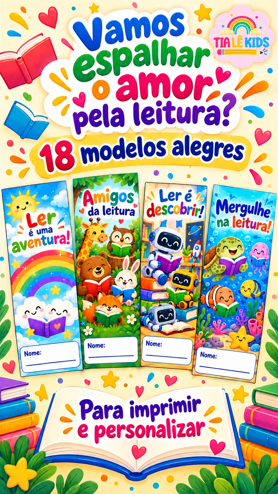 Marcadores de Leitura para Imprimir - 18 Modelos Coloridos — amostra 5: 18 marcadores alegres com espaço para o nome do aluno