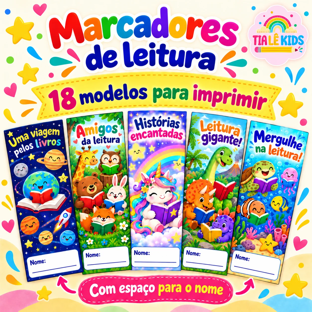 Marcadores de Leitura para Imprimir - 18 Modelos Coloridos — amostra 6: 18 marcadores alegres com espaço para o nome do aluno