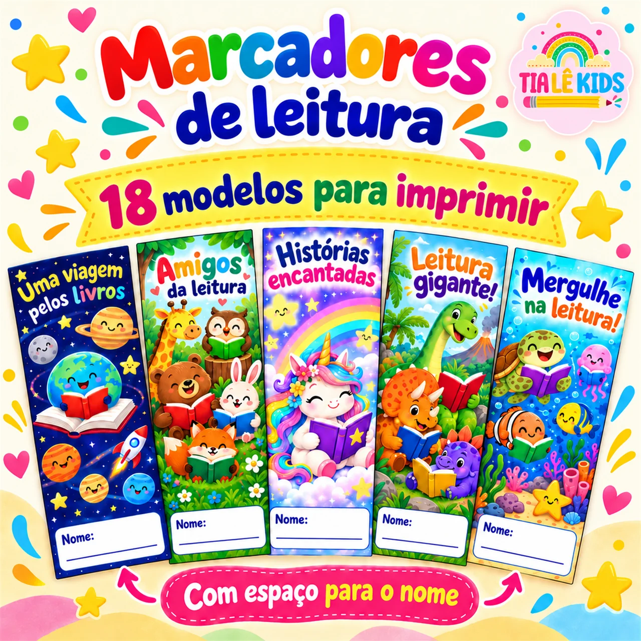 Marcadores de Leitura para Imprimir - 18 Modelos Coloridos — capa do material