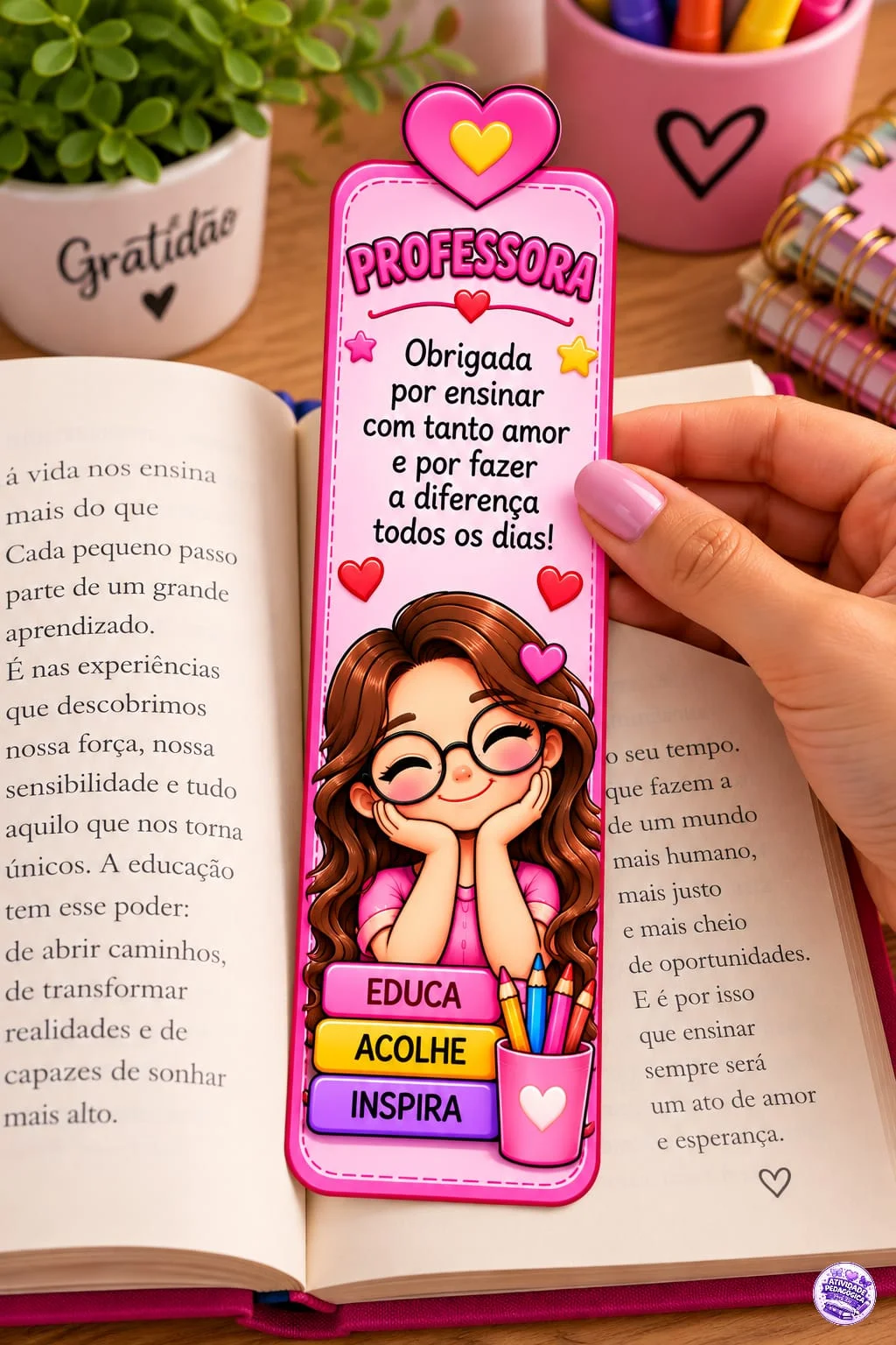 MARCADORES DE PÁGINAS – DIA DOS PROFESSORES — amostra 1: ✨ 6 modelos encantadores em 3D, com cores vivas e frases especiais