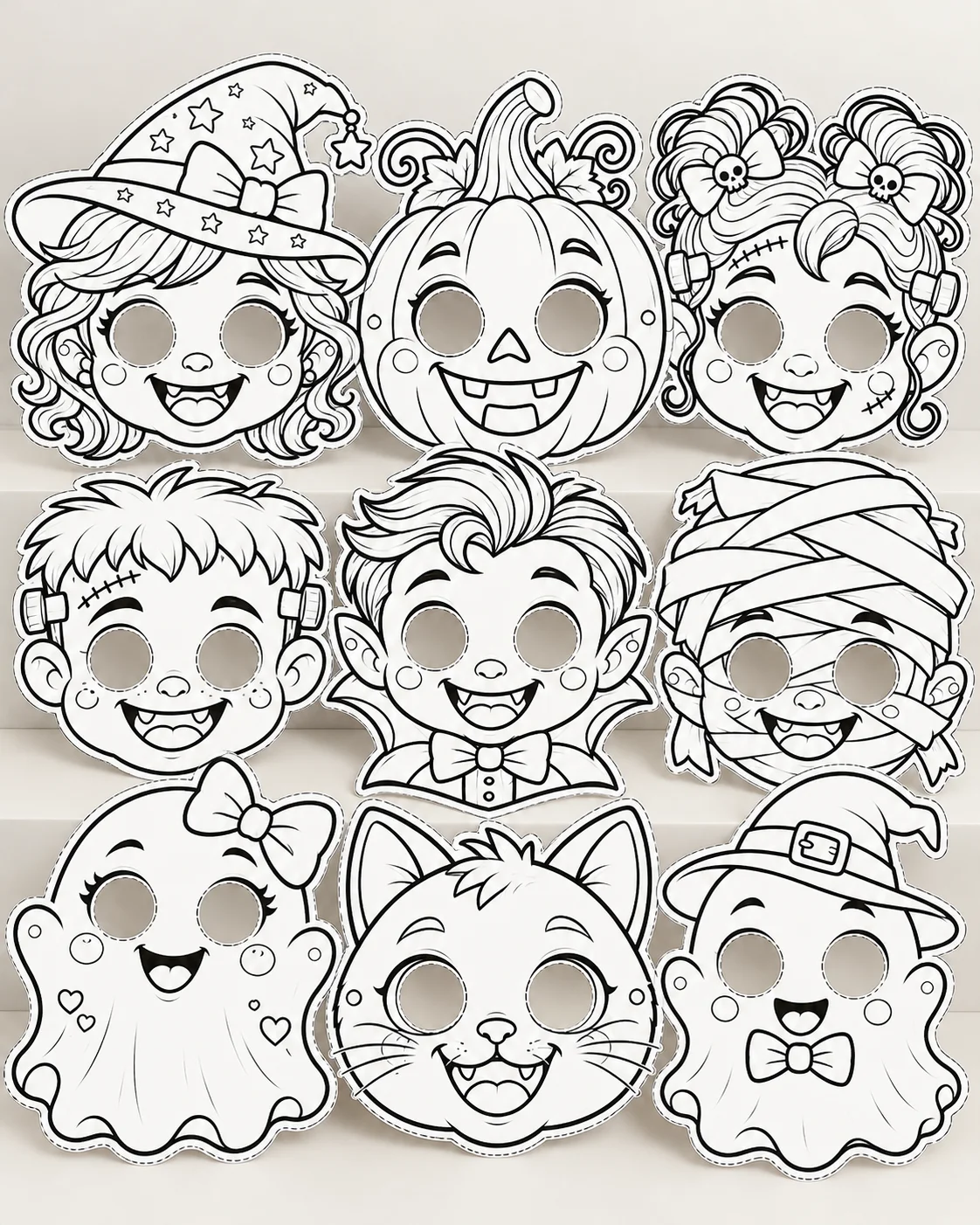 MÁSCARAS DE HALLOWEEN PARA COLORIR - ARQUIVO EM PDF — amostra 1: Prepare-se para um Halloween cheio de criatividade e…
