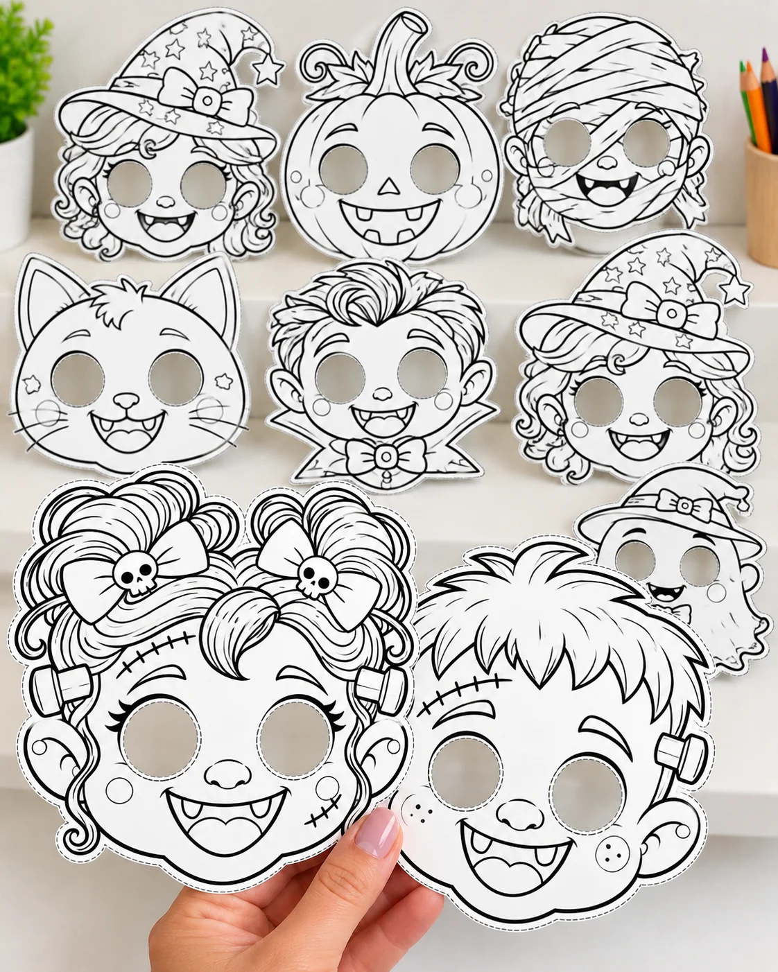 MÁSCARAS DE HALLOWEEN PARA COLORIR - ARQUIVO EM PDF — amostra 3: Prepare-se para um Halloween cheio de criatividade e…