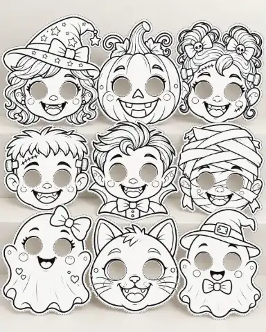MÁSCARAS DE HALLOWEEN PARA COLORIR - ARQUIVO EM PDF — amostra 1: Prepare-se para um Halloween cheio de criatividade e…