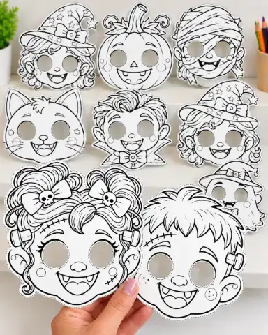 MÁSCARAS DE HALLOWEEN PARA COLORIR - ARQUIVO EM PDF — amostra 3: Prepare-se para um Halloween cheio de criatividade e…