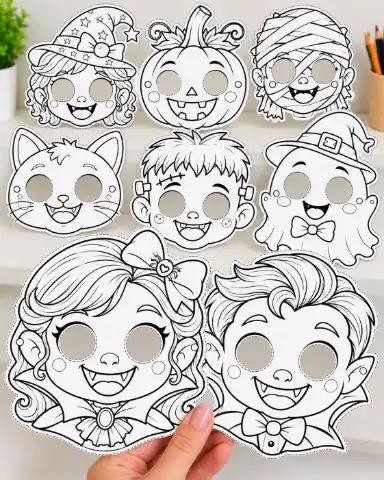 MÁSCARAS DE HALLOWEEN PARA COLORIR - ARQUIVO EM PDF — amostra 4: Prepare-se para um Halloween cheio de criatividade e…