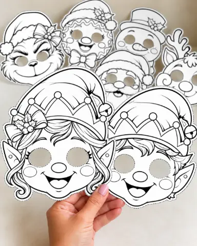 MÁSCARAS DE NATAL PARA COLORIR - ARQUIVO EM PDF — amostra 1: Deixe o Natal ainda mais divertido com 10 modelos de máscaras…