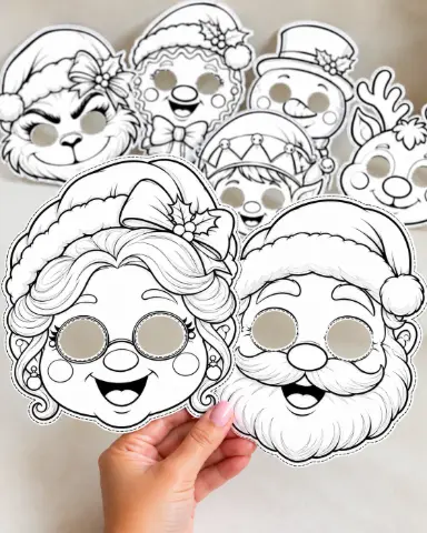 MÁSCARAS DE NATAL PARA COLORIR - ARQUIVO EM PDF — amostra 2: Deixe o Natal ainda mais divertido com 10 modelos de máscaras…