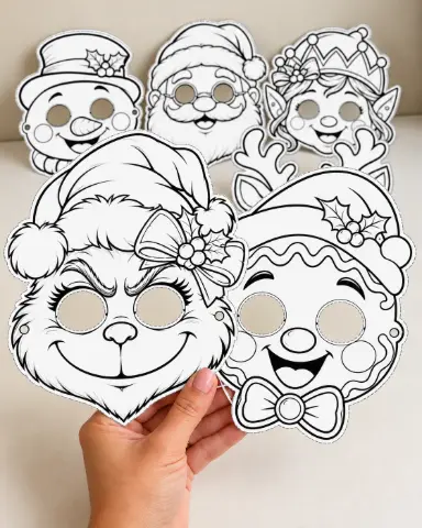 MÁSCARAS DE NATAL PARA COLORIR - ARQUIVO EM PDF — amostra 3: Deixe o Natal ainda mais divertido com 10 modelos de máscaras…