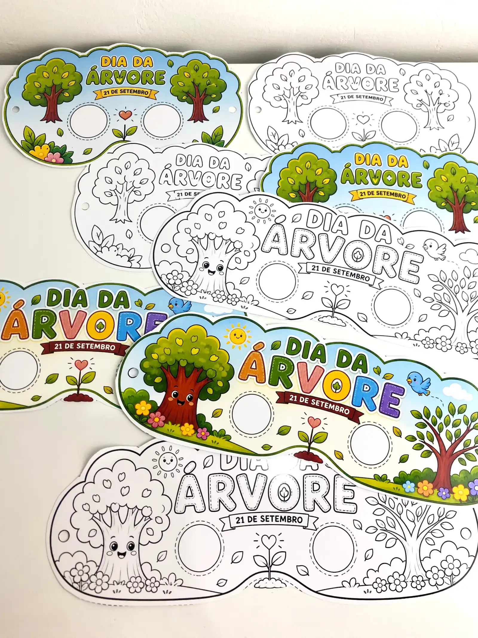 Máscaras Dia da Árvore – Coloridas e para Colorir — amostra 5: Máscaras do Dia da Árvore para imprimir, com modelos…