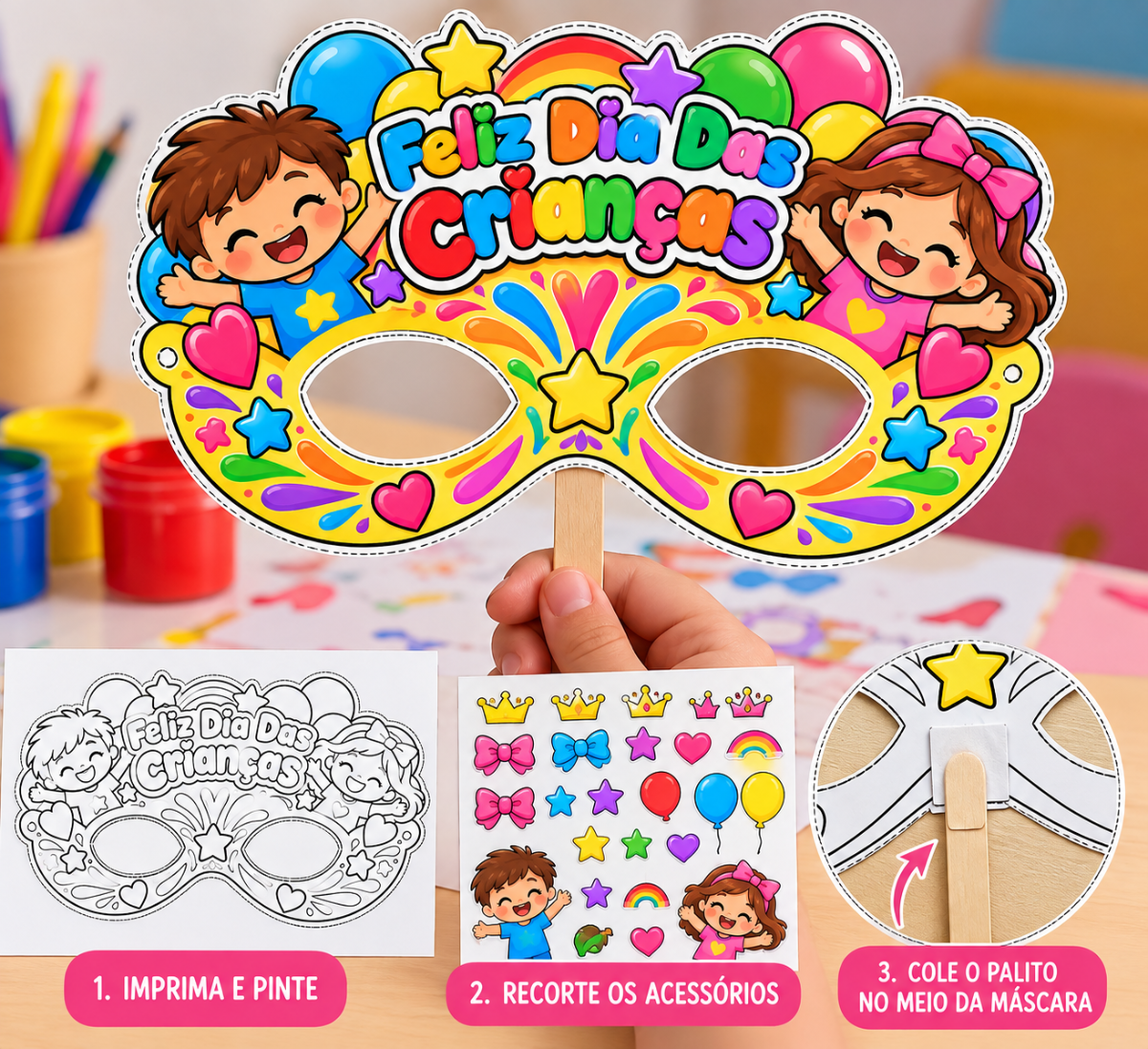 Máscaras Divertidas para o Dia das Crianças | Atividade Infantil para Imprimir e Personalizar — amostra 1: Transforme o Dia…