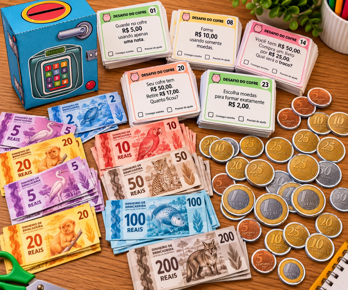 Matemática, Cédulas, Moedas, cofre e Desafios de Educação Financeira — amostra 6: Atividade lúdica de Matemática e Educação…