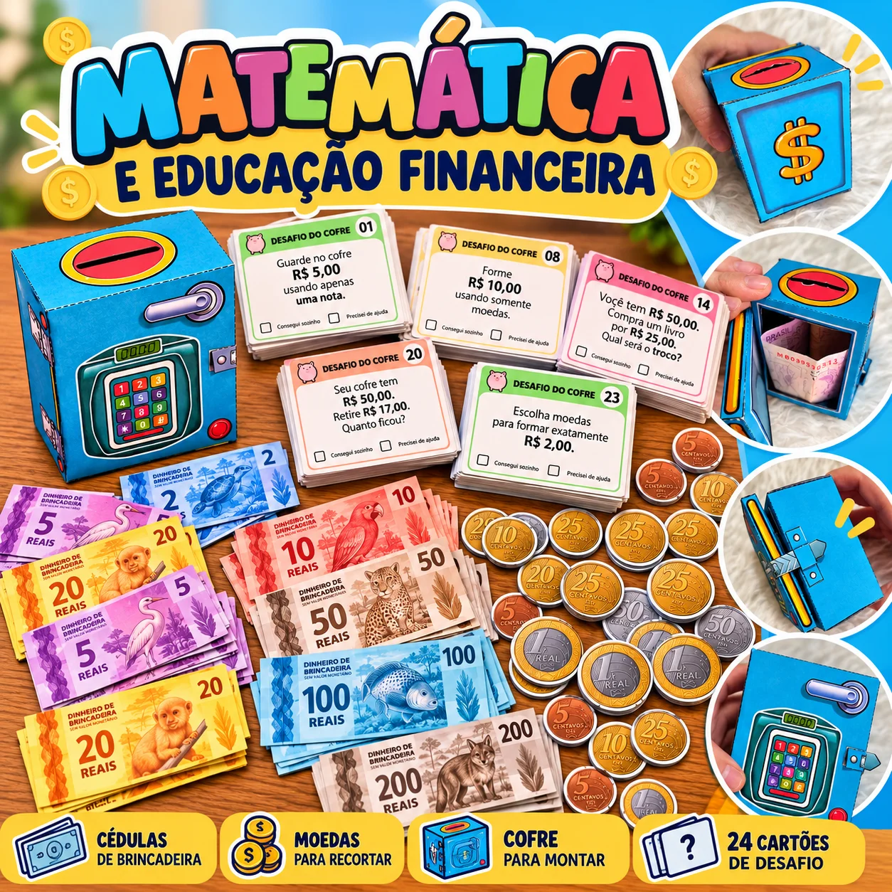 Matemática, Cédulas, Moedas, cofre e Desafios de Educação Financeira — capa do material