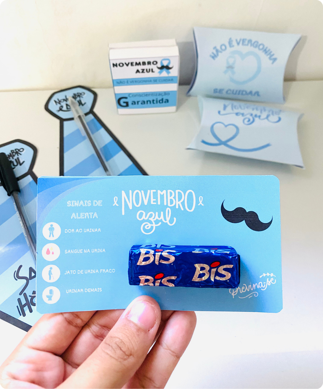 Material de Novembro Azul para imprimir: lembrancinhas — amostra 1: Uma proposta impressa para abordar o Novembro Azul