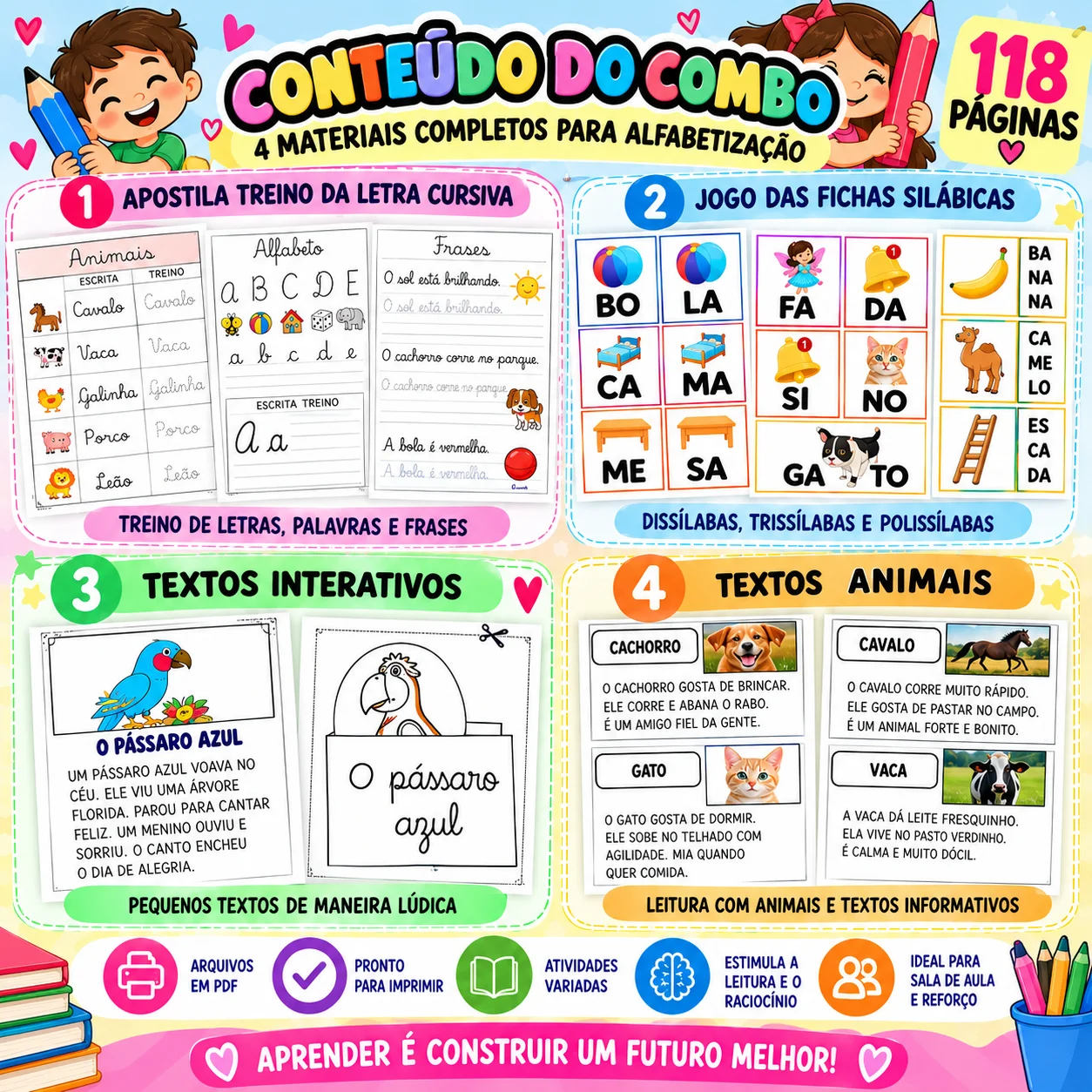MEGA COMBO ALFABETIZAÇÃO – LEITURA, ESCRITA E SÍLABAS — amostra 3: São 4 materiais para trabalhar leitura, escrita cursiva,…
