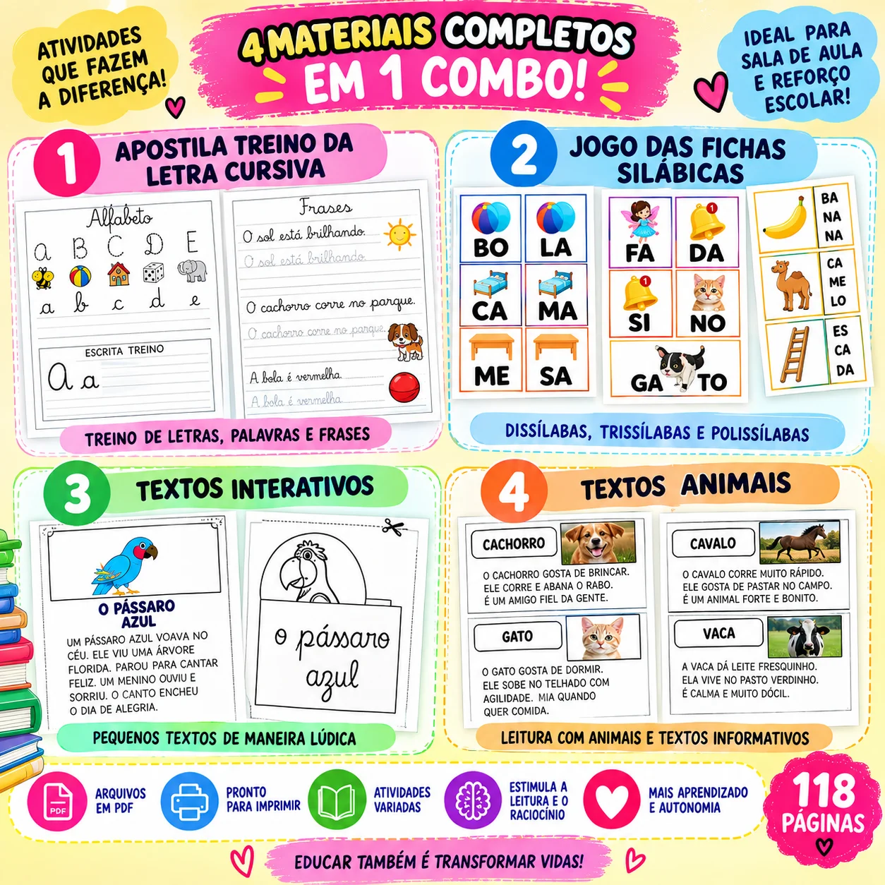 MEGA COMBO ALFABETIZAÇÃO – LEITURA, ESCRITA E SÍLABAS — amostra 4: São 4 materiais para trabalhar leitura, escrita cursiva,…