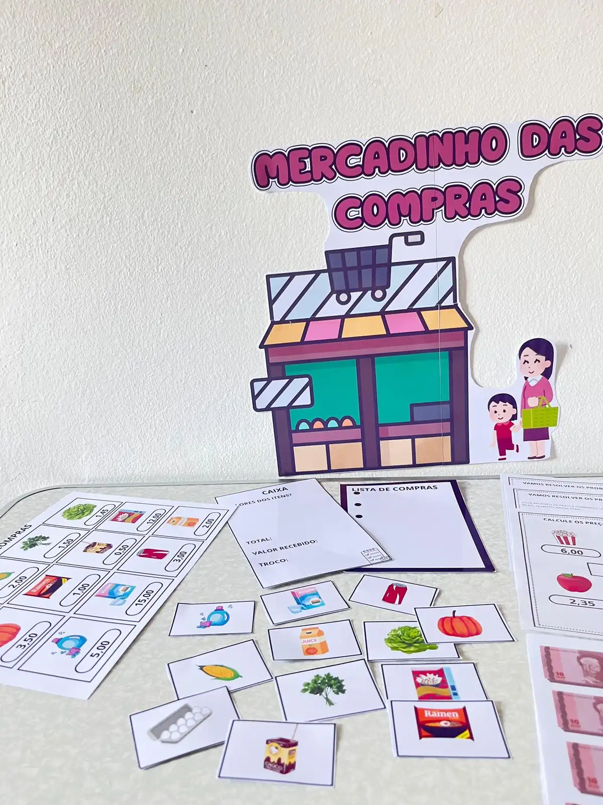 Mercadinho das Compras – Matemática — amostra 2: Atividade de matemática com compras, preços, notas, moedas, troco e…