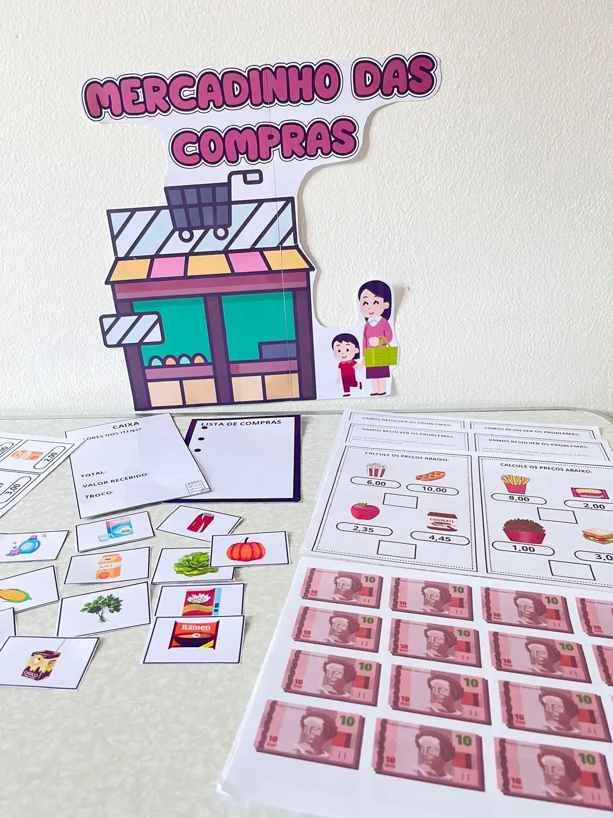 Mercadinho das Compras – Matemática — amostra 4: Atividade de matemática com compras, preços, notas, moedas, troco e…