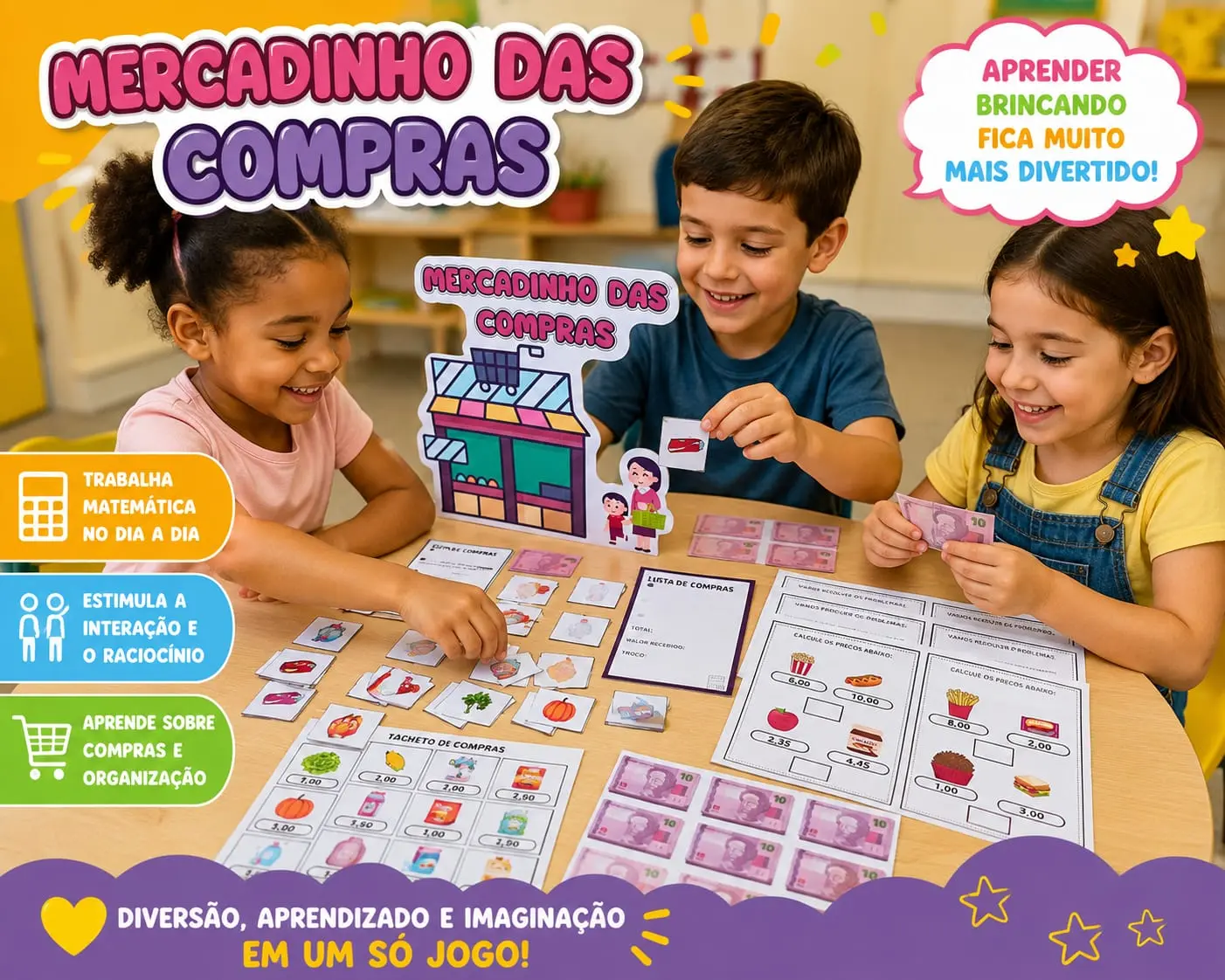 Mercadinho das Compras – Matemática — amostra 7: Atividade de matemática com compras, preços, notas, moedas, troco e…