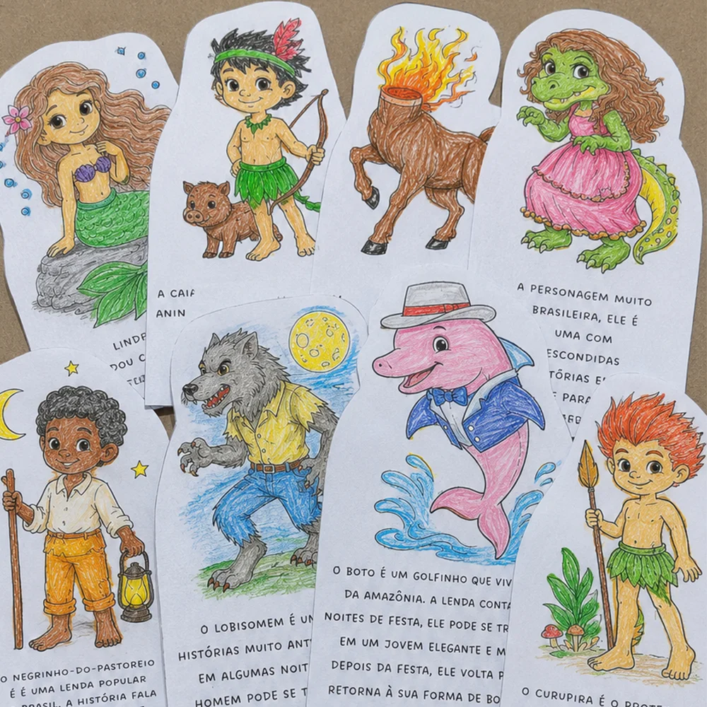Meu álbum interativo de lendas brasileiras — amostra 2: Cada lenda possui um envelope para montar e colar no caderno, com…