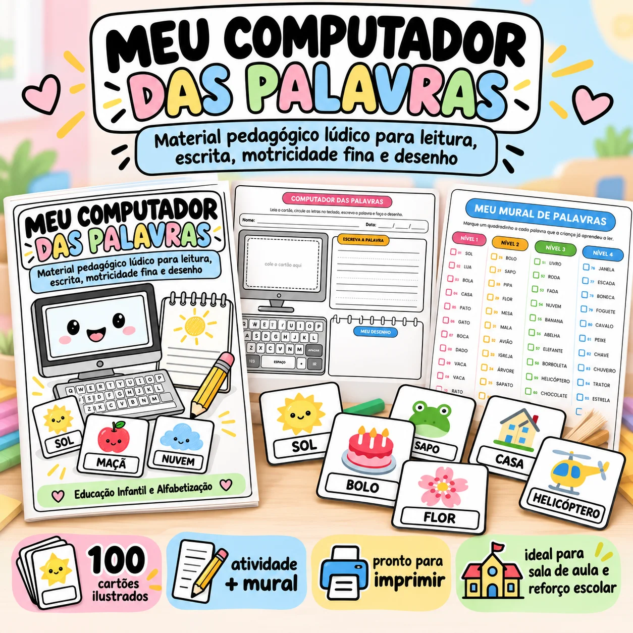 Meu Computador das Palavras – 100 Cartões — amostra 3: Um recurso lúdico para trabalhar leitura, escrita, reconhecimento de…