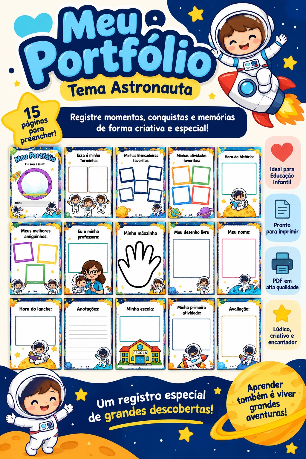 Meu Portfólio Infantil Tema Astronauta Registro das Memórias Escolares — amostra 2: Portfólio infantil com tema Astronauta…