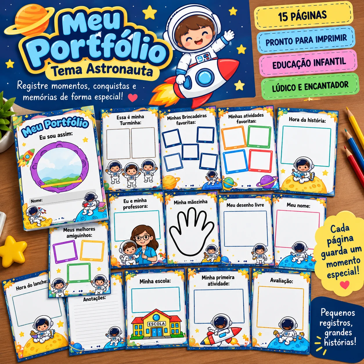 Meu Portfólio Infantil Tema Astronauta Registro das Memórias Escolares — capa do material