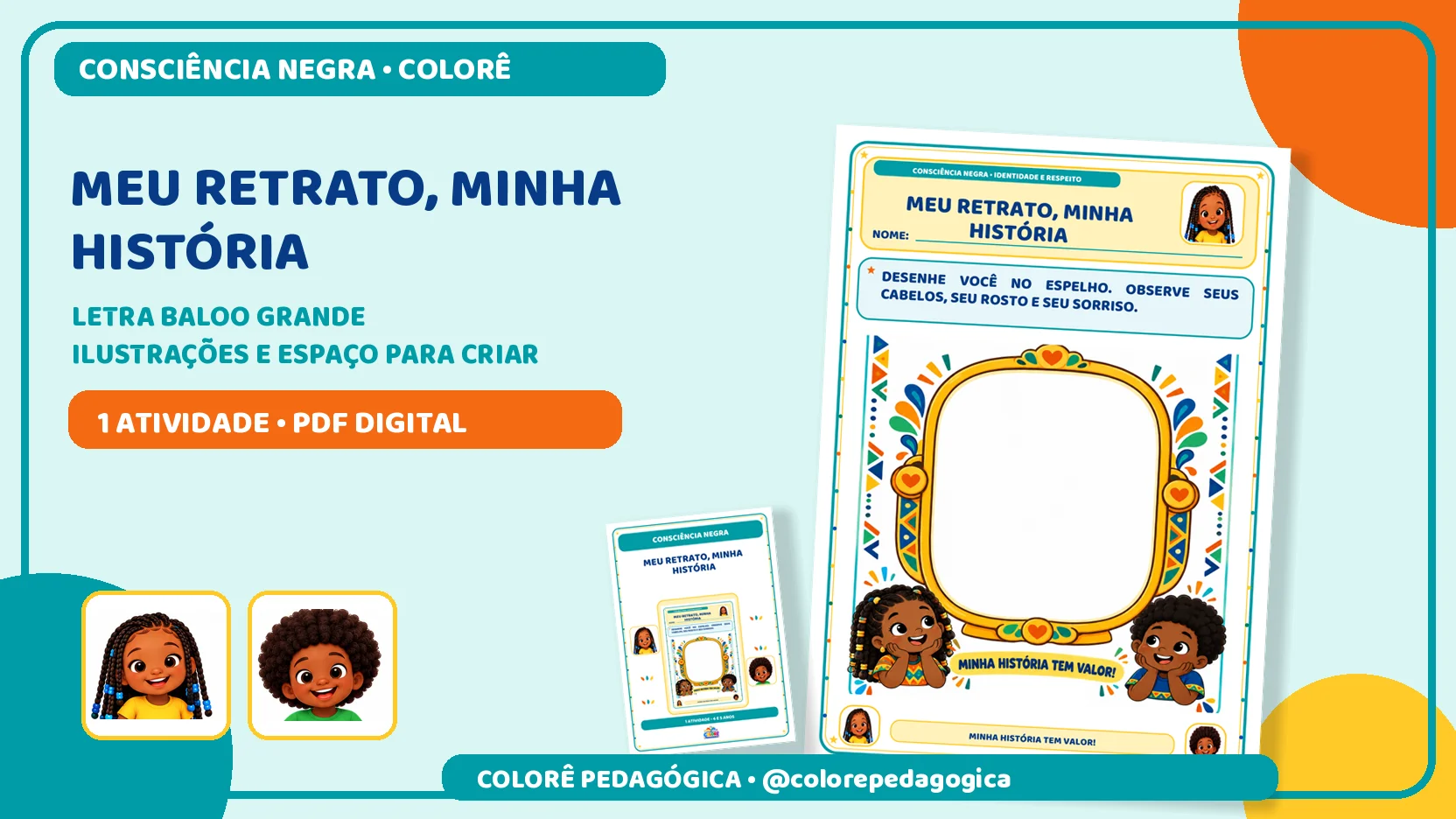 Meu retrato, minha história | Consciência Negra — amostra 1: Produto digital para impressão em A4, na orientação vertical,…