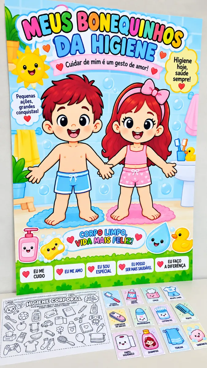 Meus Bonequinhos Da Higiene – Kit Completo Em PDF! — amostra 1: Kit completo de higiene para Educação Infantil, com painel,…