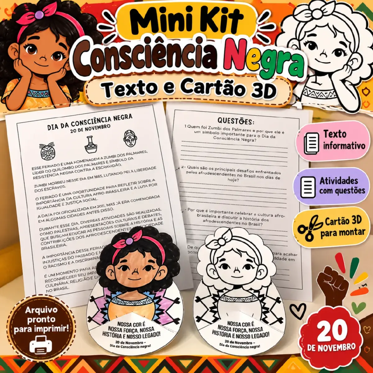 Mini Kit Consciência Negra – Texto e Cartão 3D — Português para 3º ano: Mini Kit Consciência Negra com texto explicativo,…