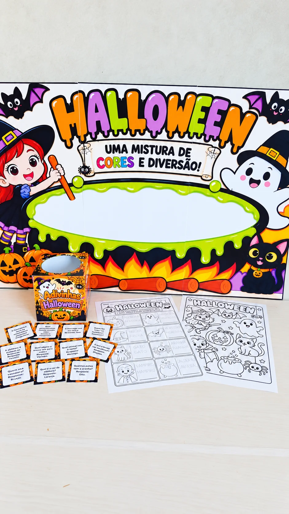 Mini Kit Halloween – Painel, Atividades e Adivinhas PDF — amostra 1: 🎃👻 MINI KIT HALLOWEEN – ATIVIDADES E ADIVINHAS