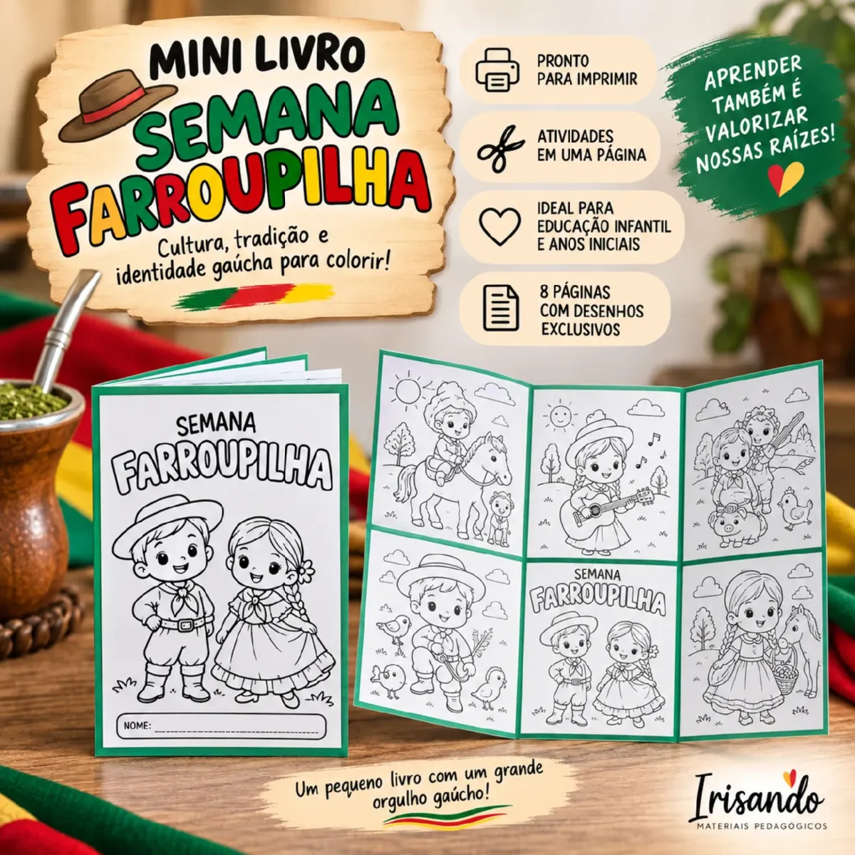 MINI LIVRO SEMANA FARROUPILHA — CULTURA GAÚCHA PARA COLORIR! — Matemática para Educação Infantil: Mini livro de colorir…