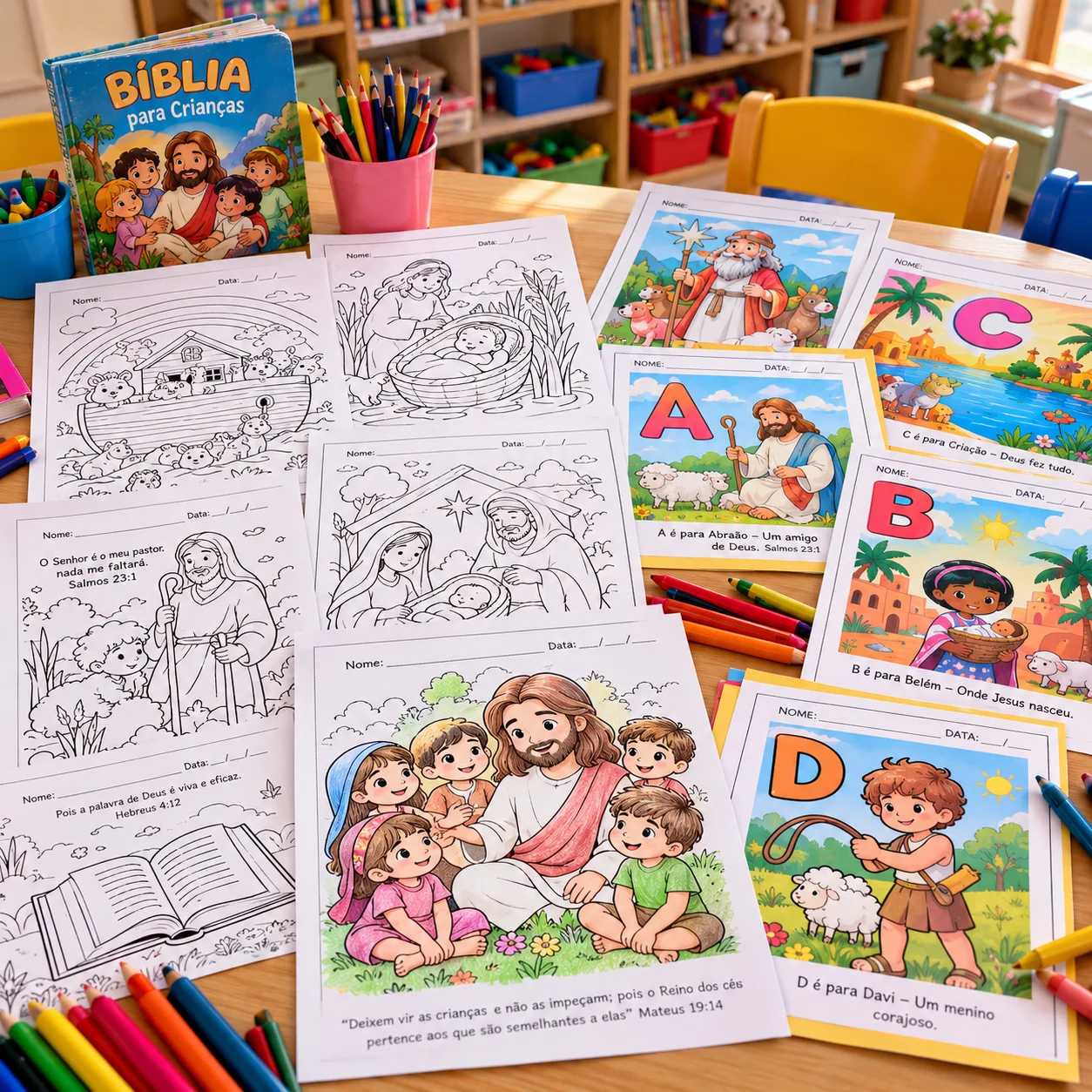 Ministério Infantil: Histórias Bíblicas, Colorir e Alfabeto Bíblico — amostra 1: Um combo completo para tornar os encontros…