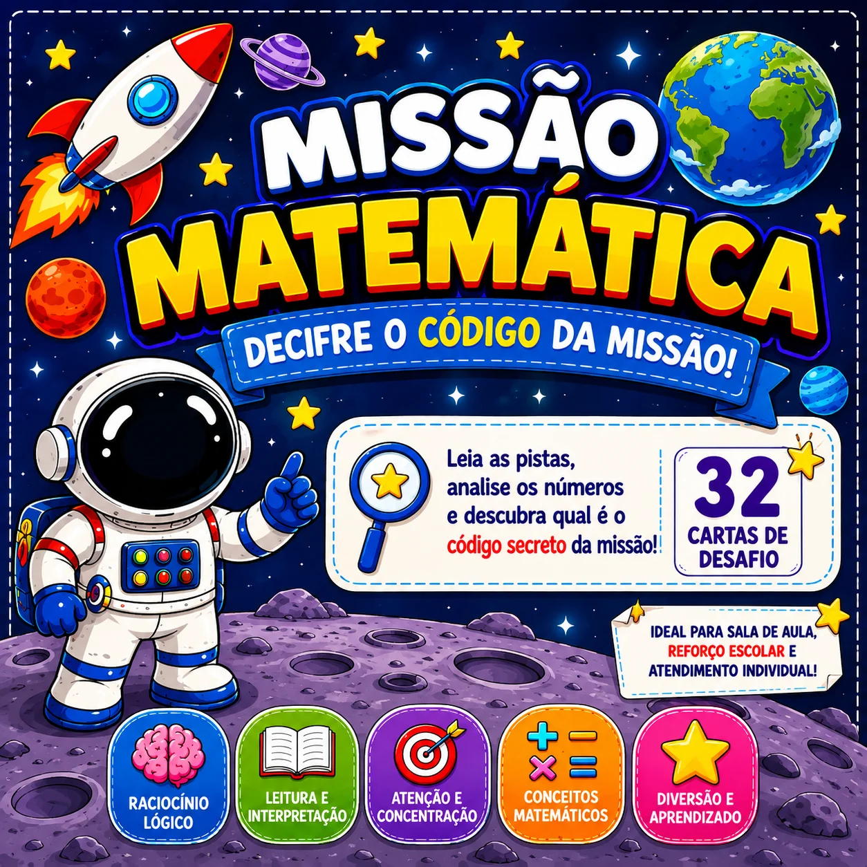 Missão Matemática – 32 Cartas de Desafios e Raciocínio — Matemática para Todas as séries: 32 cartas-desafio de Matemática…