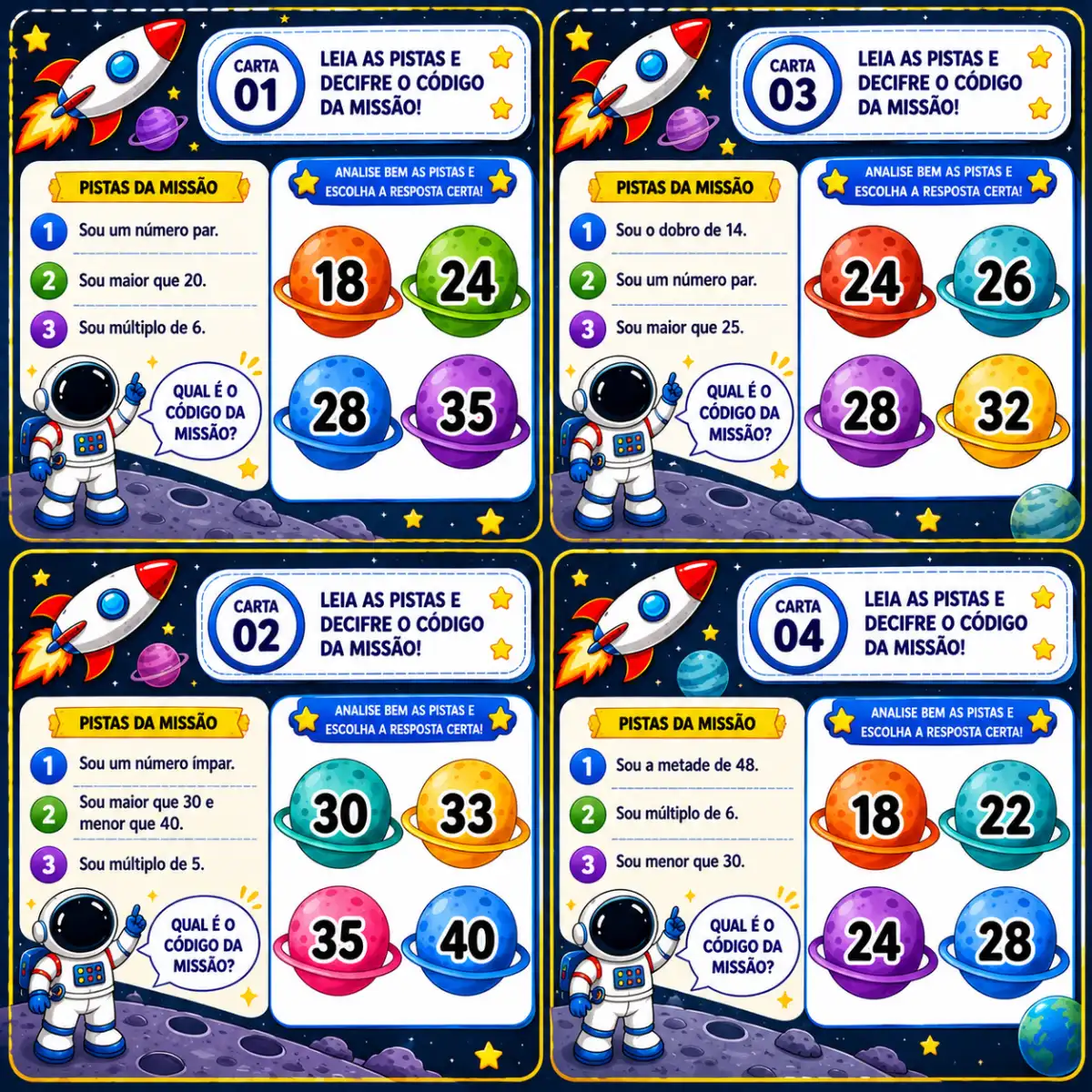 Missão Matemática – 32 Cartas de Desafios e Raciocínio — amostra 1: 11 Páginas ✅ 32 cartas de desafios ✅ Pistas e…
