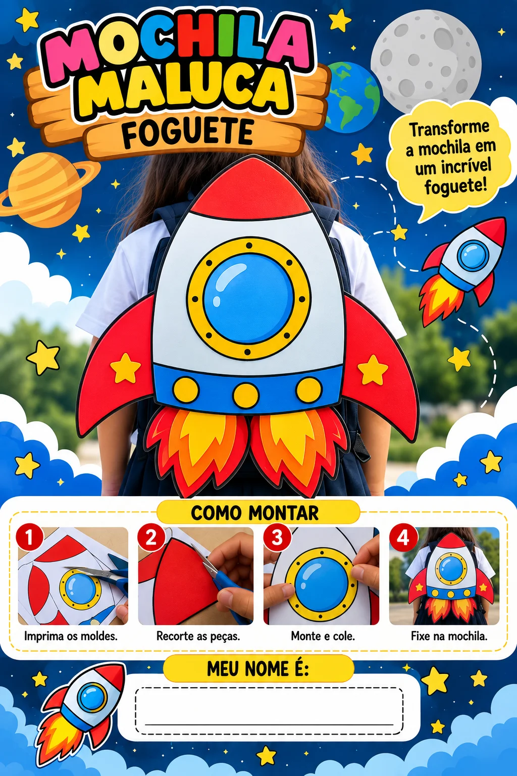 Mochila Maluca: 4 Modelos com Moldes para Imprimir — amostra 3: Kit Mochila Maluca com moldes de dinossauro, foguete,…